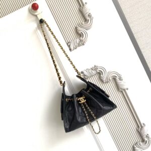 Chanel AS5631 25th Anniversary Edition 25C Puff Leather Bucket Bag Black Gold Chain Premium