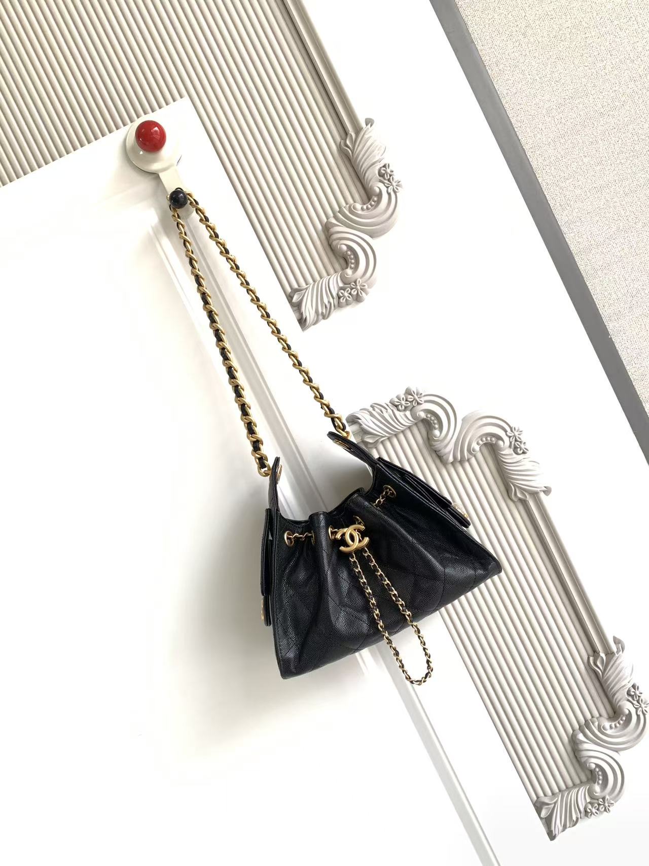 Chanel AS5631 25th Anniversary Edition 25C Puff Leather Bucket Bag Black Gold Chain Premium
