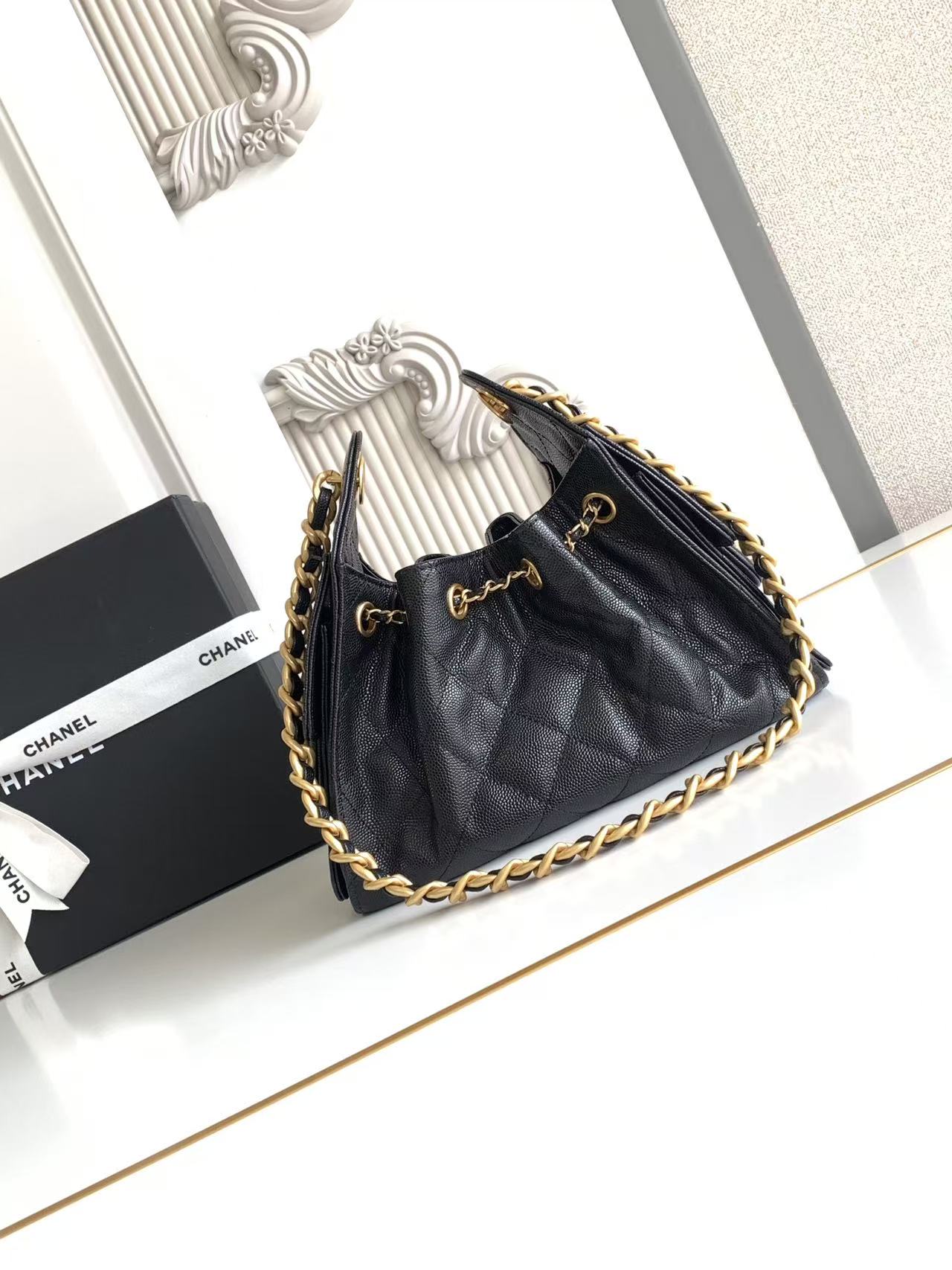 Chanel AS5631 25th Anniversary Edition 25C Puff Leather Bucket Bag Black Gold Chain Premium - Image 4