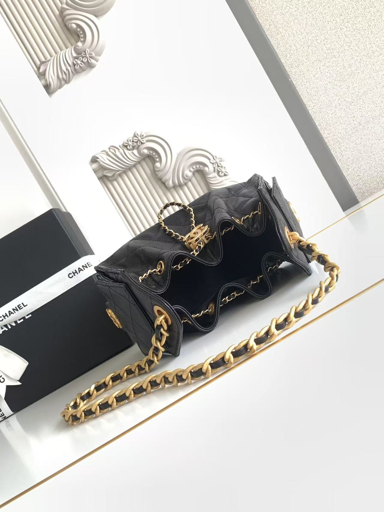 Chanel AS5631 25th Anniversary Edition 25C Puff Leather Bucket Bag Black Gold Chain Premium - Image 3