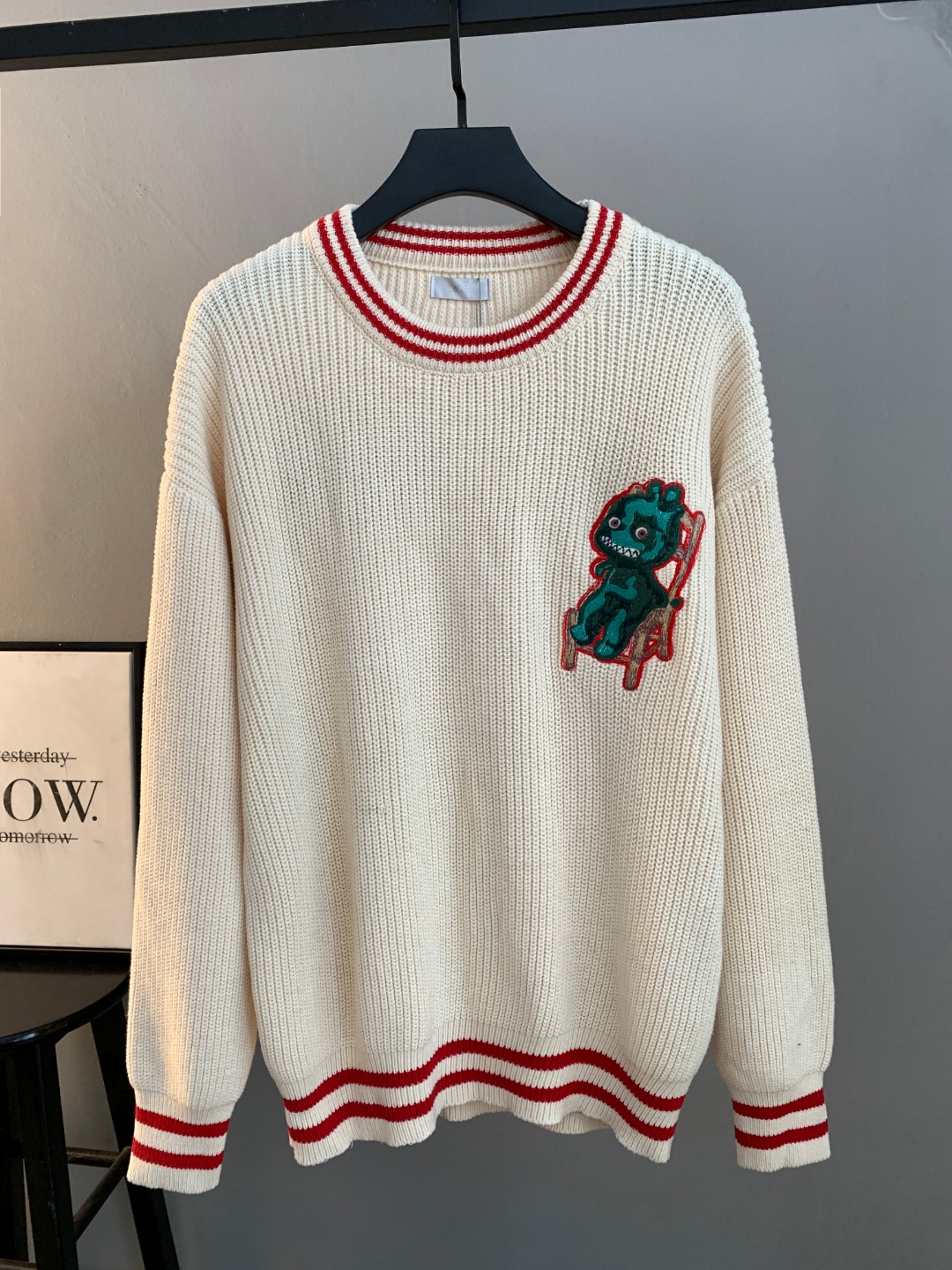 Dior Small Dinosaur Pattern Knit Sweater Beige Round Neck Premium Designer Pullover - Image 4