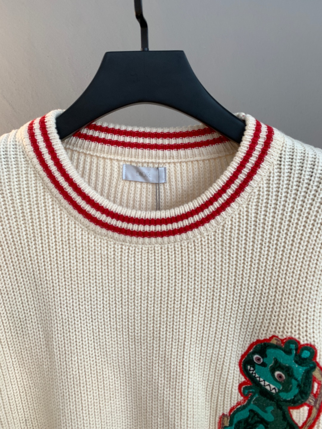 Dior Small Dinosaur Pattern Knit Sweater Beige Round Neck Premium Designer Pullover - Image 5