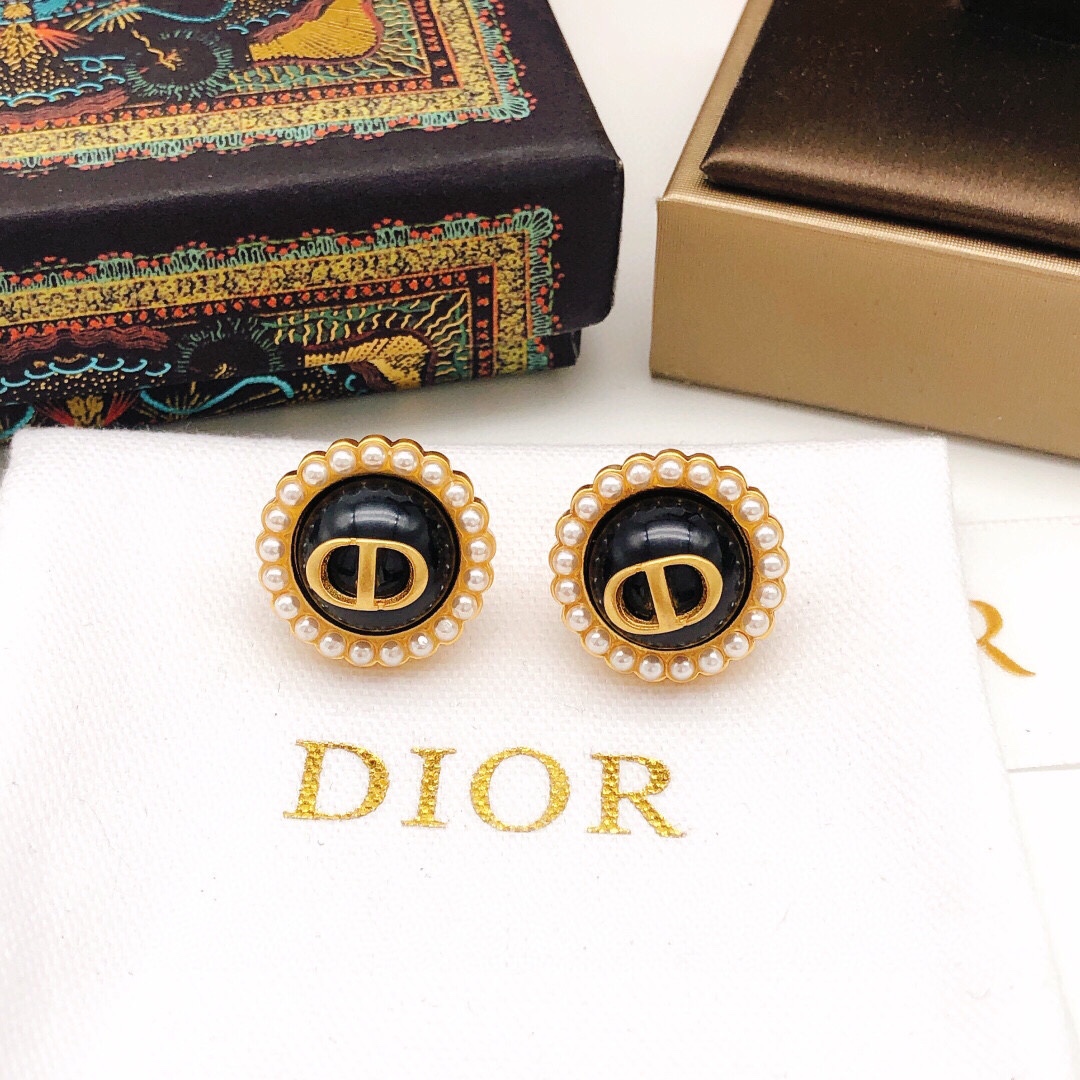 Dior CD Pearl Stud Earrings Collection Purple, Red, Black & White Luxury ZP Brass Design - Image 4