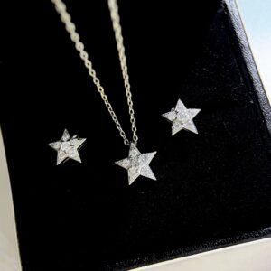 Xiaoxiang A3521 Pentagram Diamond Necklace & Earrings Set 925 Silver Gold-Plated Luxury Jewelry