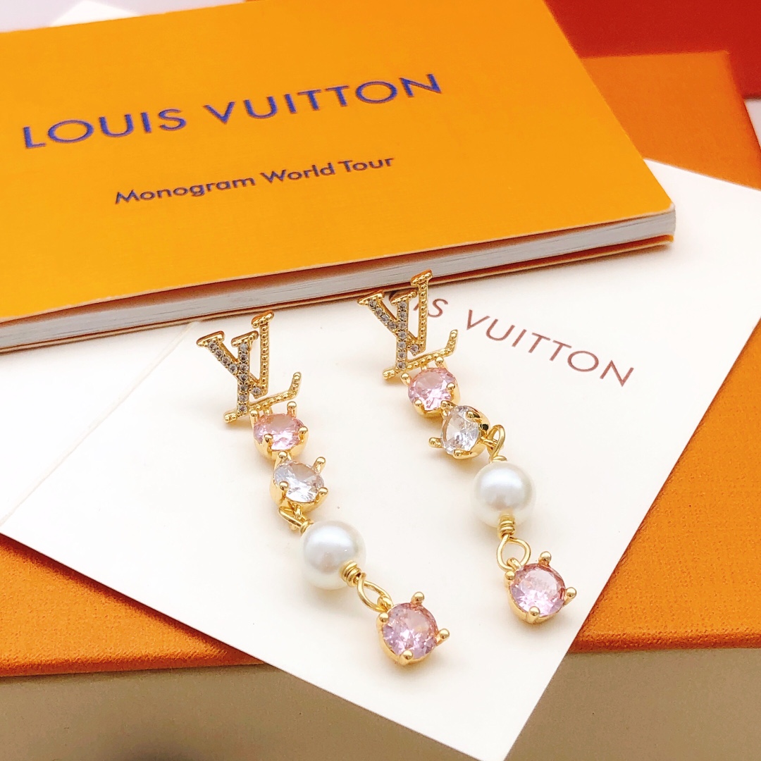 LV Style Pink Tassel Diamond Earrings ZP Brass Elegant Drop Design