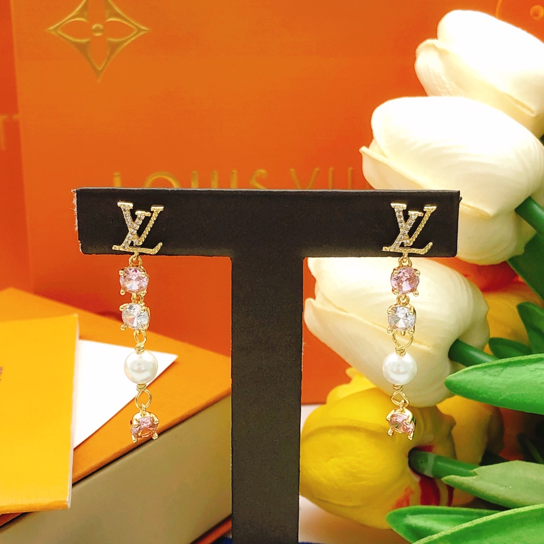 LV Style Pink Tassel Diamond Earrings ZP Brass Elegant Drop Design - Image 4