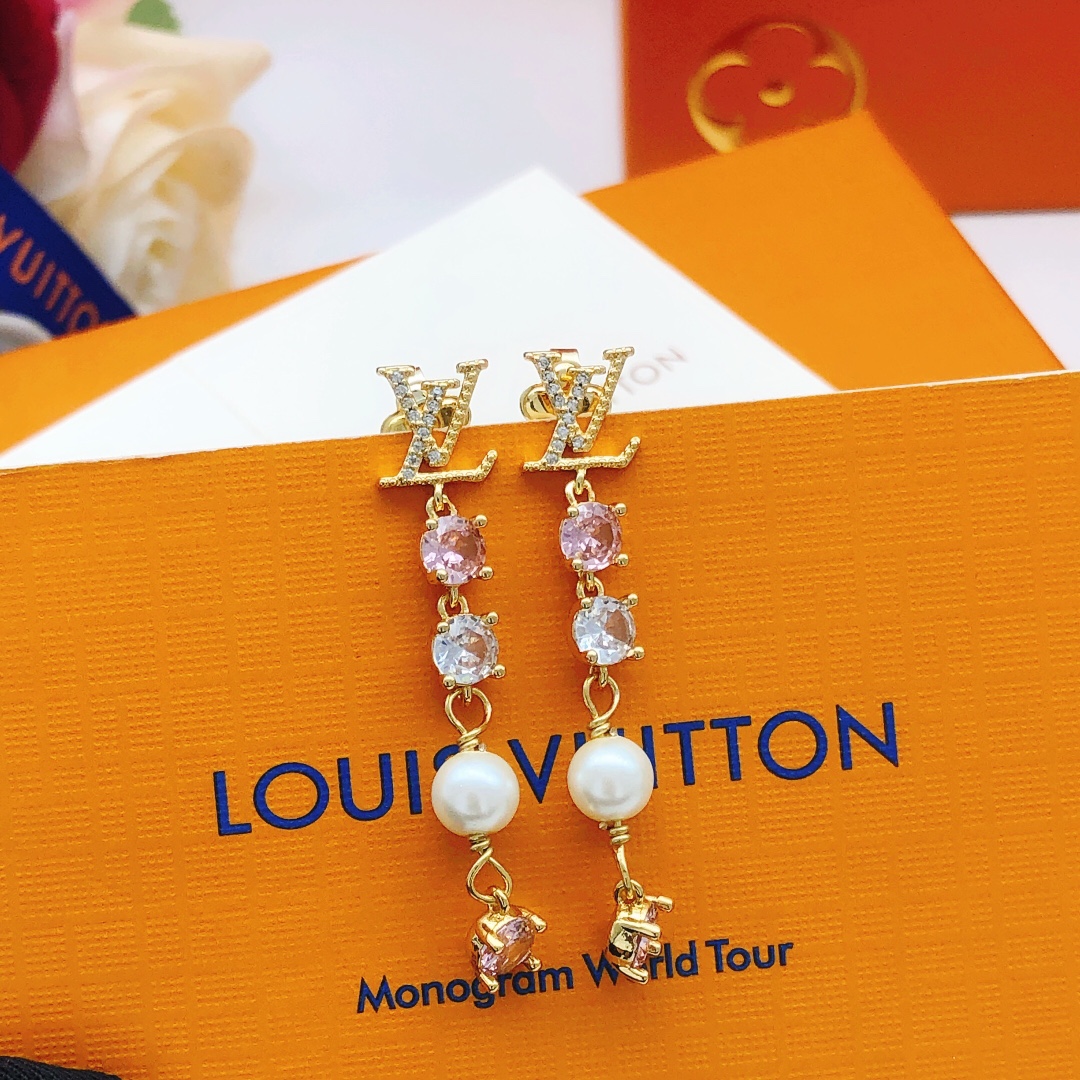 LV Style Pink Tassel Diamond Earrings ZP Brass Elegant Drop Design - Image 3