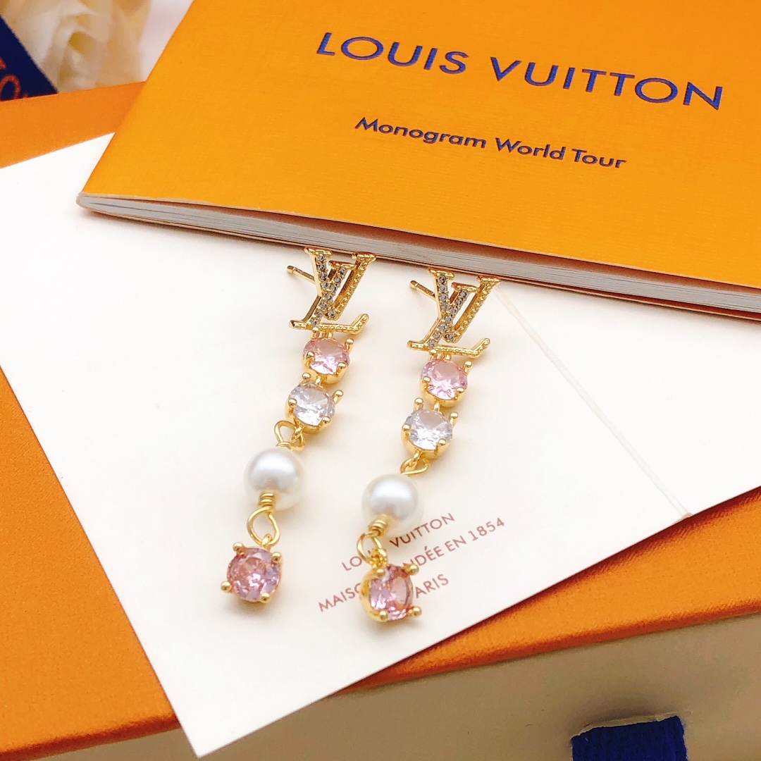 LV Style Pink Tassel Diamond Earrings ZP Brass Elegant Drop Design - Image 2
