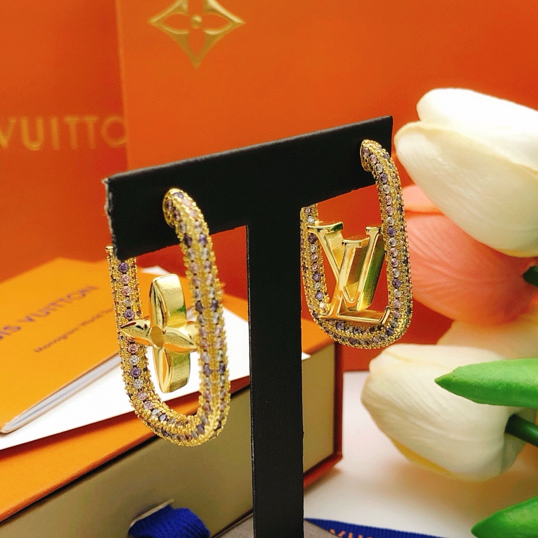 Louis Vuitton Gold Multicolor Diamond Stud Earrings LED0141 ZP Brass Luxury Design - Image 5