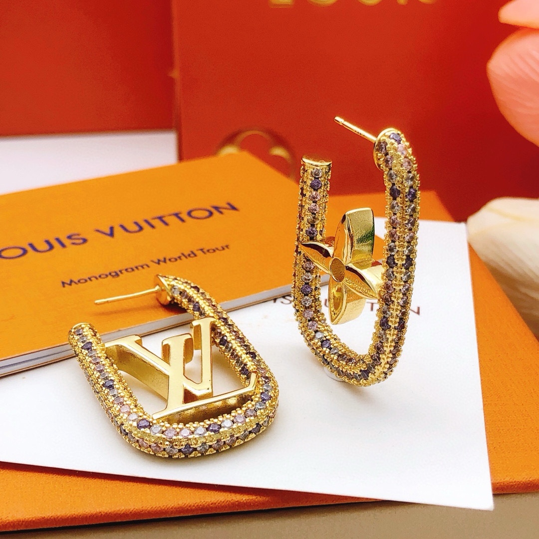 Louis Vuitton Gold Multicolor Diamond Stud Earrings LED0141 ZP Brass Luxury Design - Image 3