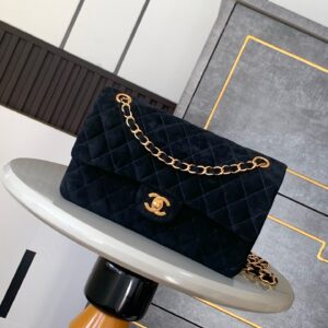 Ohanel CF Double Flap 2.55 Style Dark Night Black Deer Print Suede Leather Timeless Classic