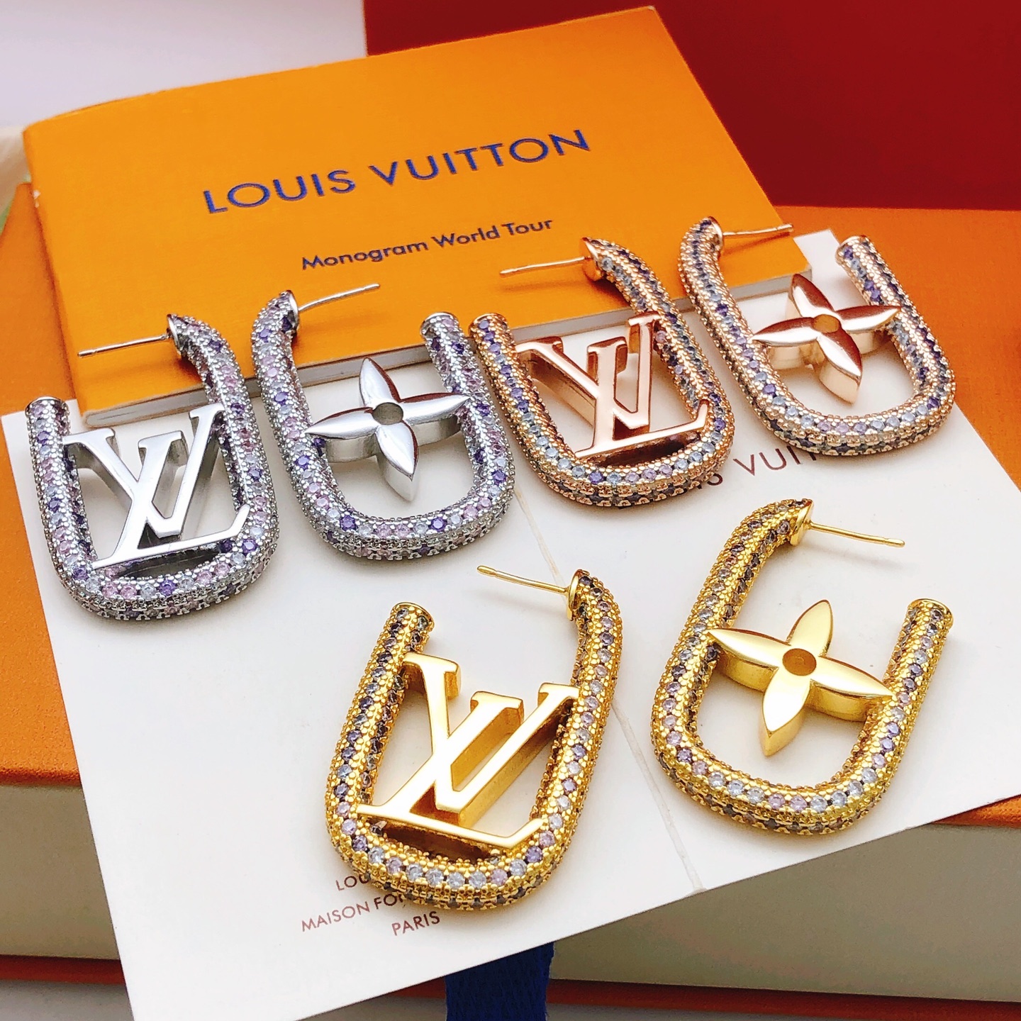 Louis Vuitton Gold Multicolor Diamond Stud Earrings LED0141 ZP Brass Luxury Design - Image 2