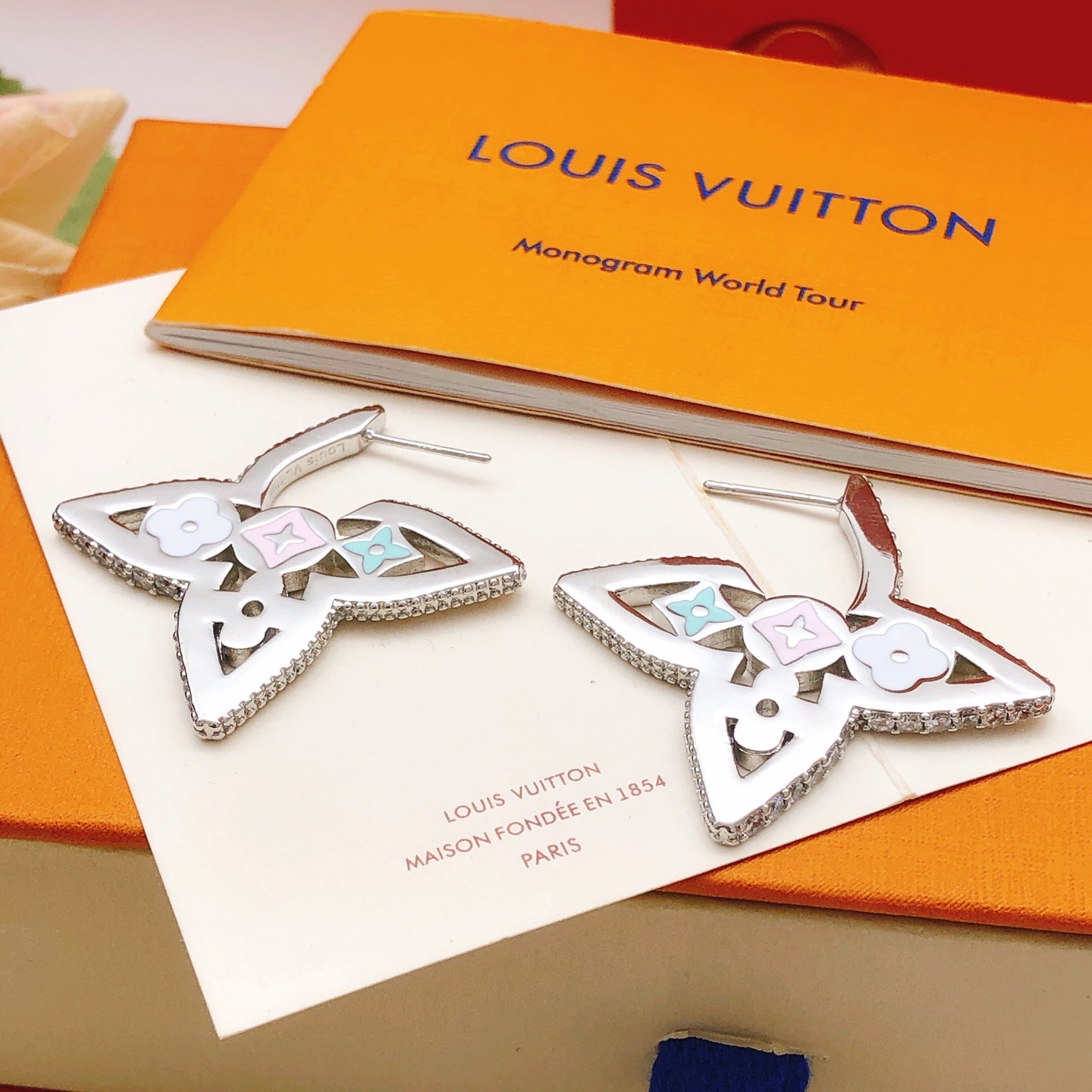 LV Style Quilted Enamel Earrings Color Drip Oil ZP Brass Luxury Design - Image 2