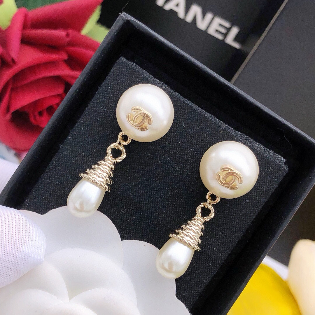 Chanel Pearl Drop Stud Earrings XED0445 ZP Brass Elegant Luxury Design
