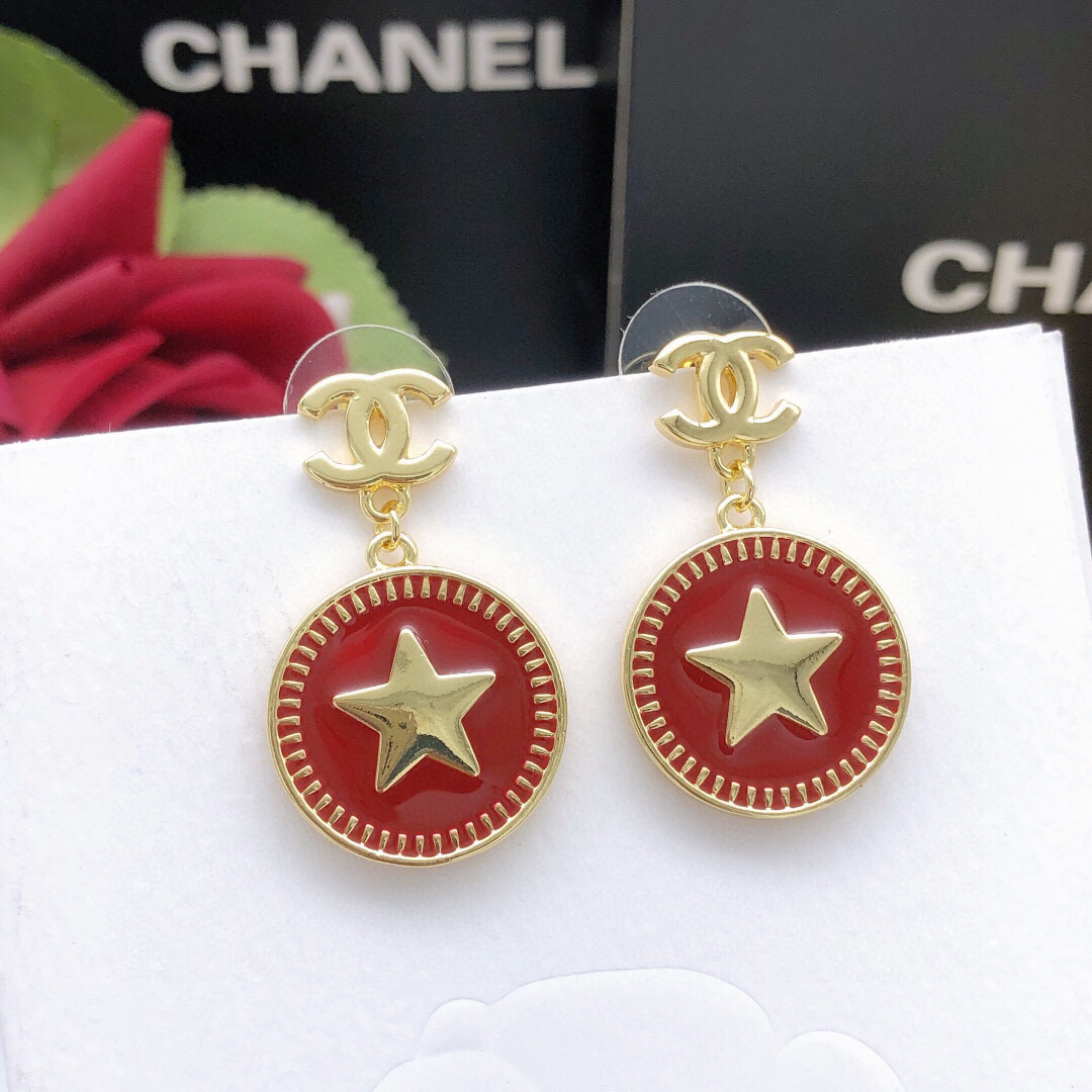 Chanel Red Star CC Drop Earrings XED0446 Elegant Long Statement Design - Image 3