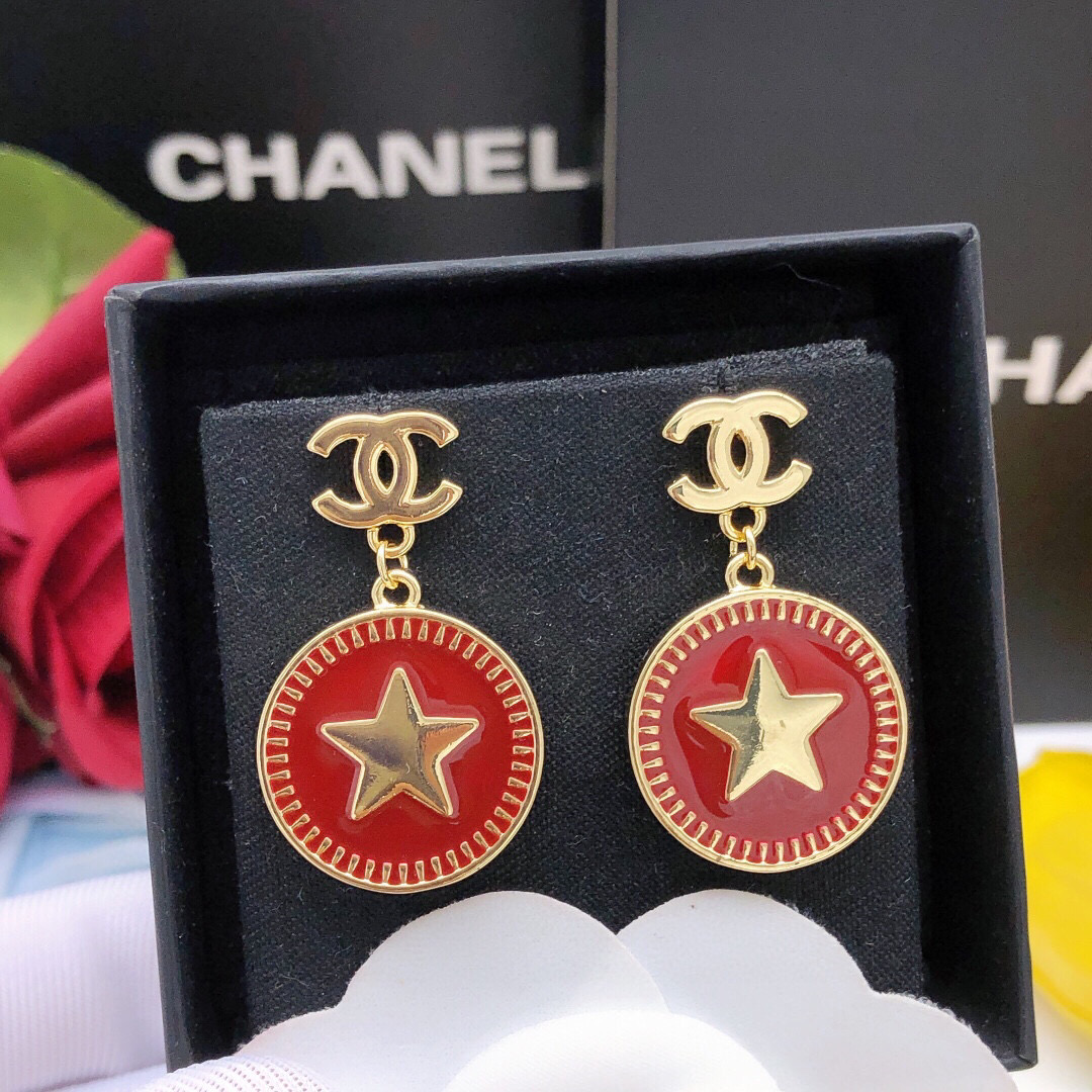Chanel Red Star CC Drop Earrings XED0446 Elegant Long Statement Design - Image 2