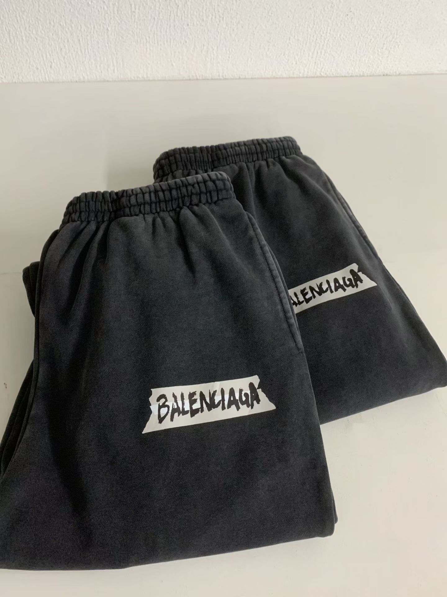 Balenciaga Washed Black Irregular Logo Sweatpants Oversized Wide Fit Designer Trousers - Image 4