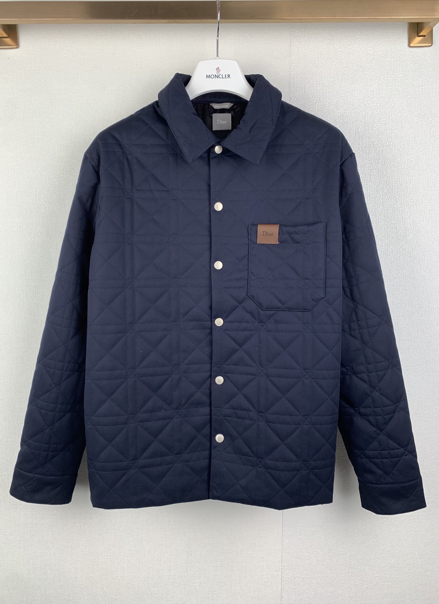 Dior Plaid Leather Label Lapel Jacket Navy Cotton Premium Designer Outerwear