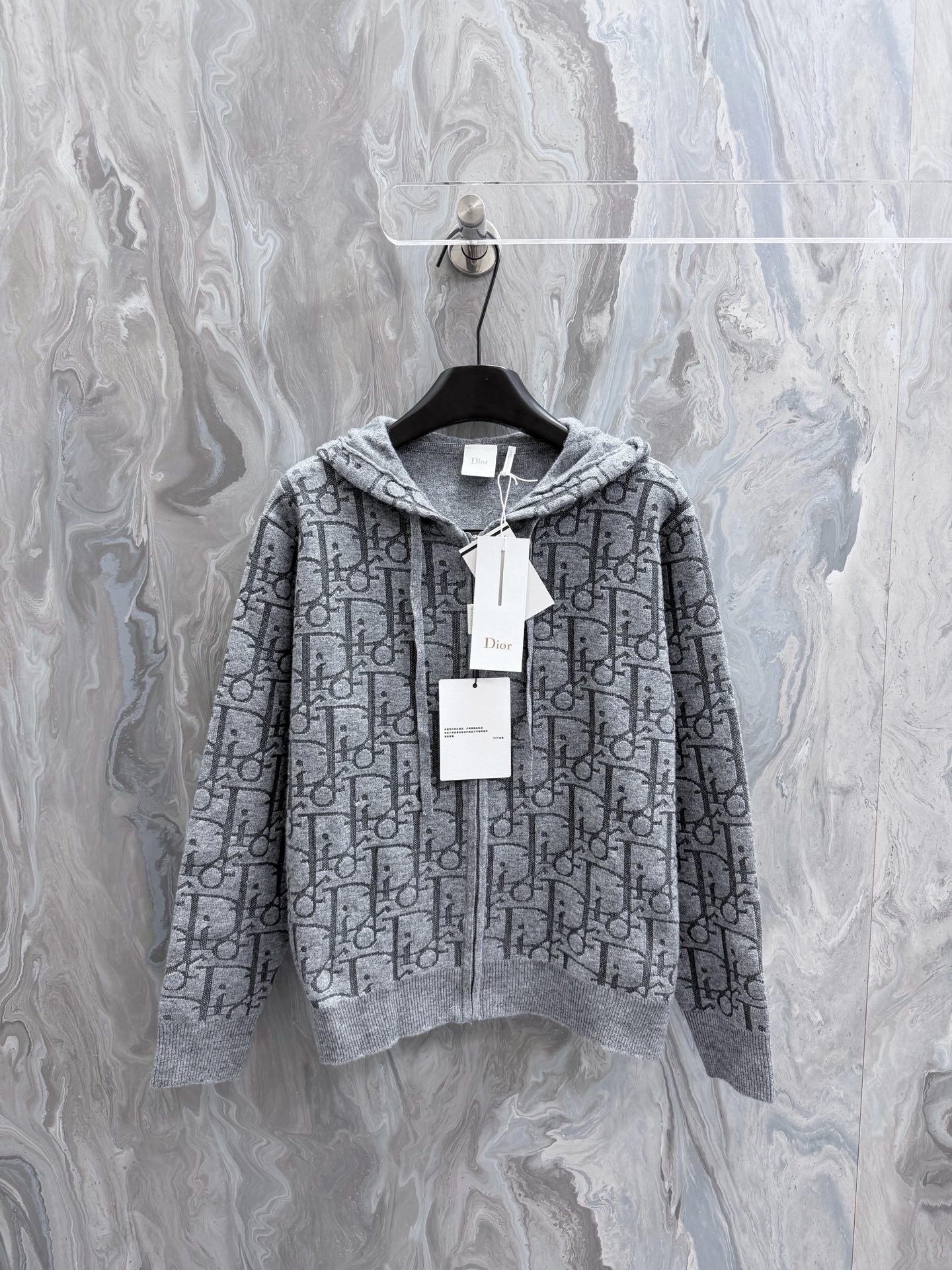 Dior 2026 Oblique Zip Cardigan Gray Wool Blend Knit Premium Designer Sweater Size S