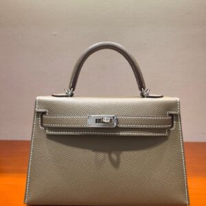 Mini Kelly II 20cm Elephant Grey Epsom Leather Handbag with Silver Hardware