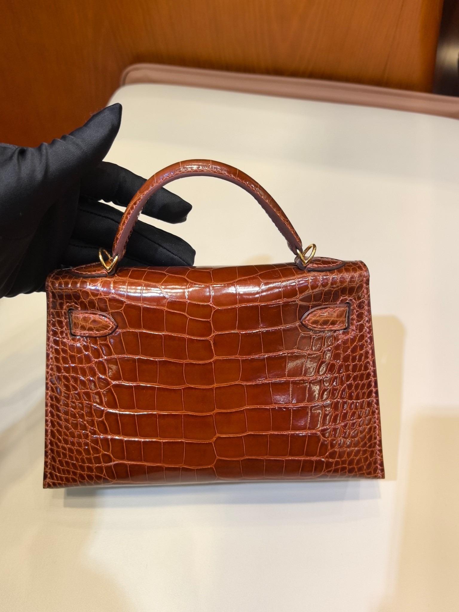 Mini KL II 20cm Honey Brown Alligator Leather Handbag with Gold Hardware - Image 5