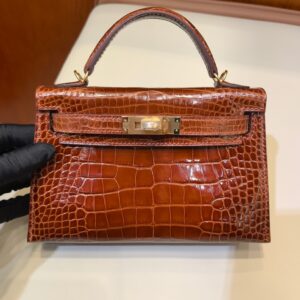 Mini KL II 20cm Honey Brown Alligator Leather Handbag with Gold Hardware