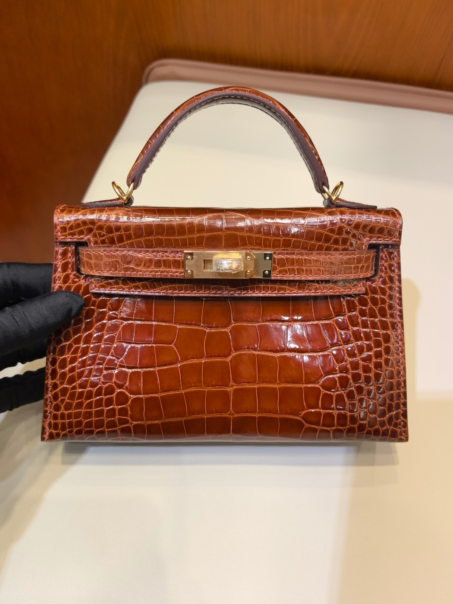 Mini KL II 20cm Honey Brown Alligator Leather Handbag with Gold Hardware