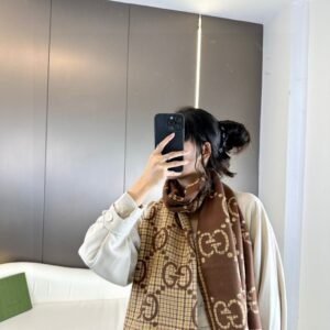 Premium GG Pattern Wool Scarf Double-Sided Jacquard Tassel Shawl 47x180cm
