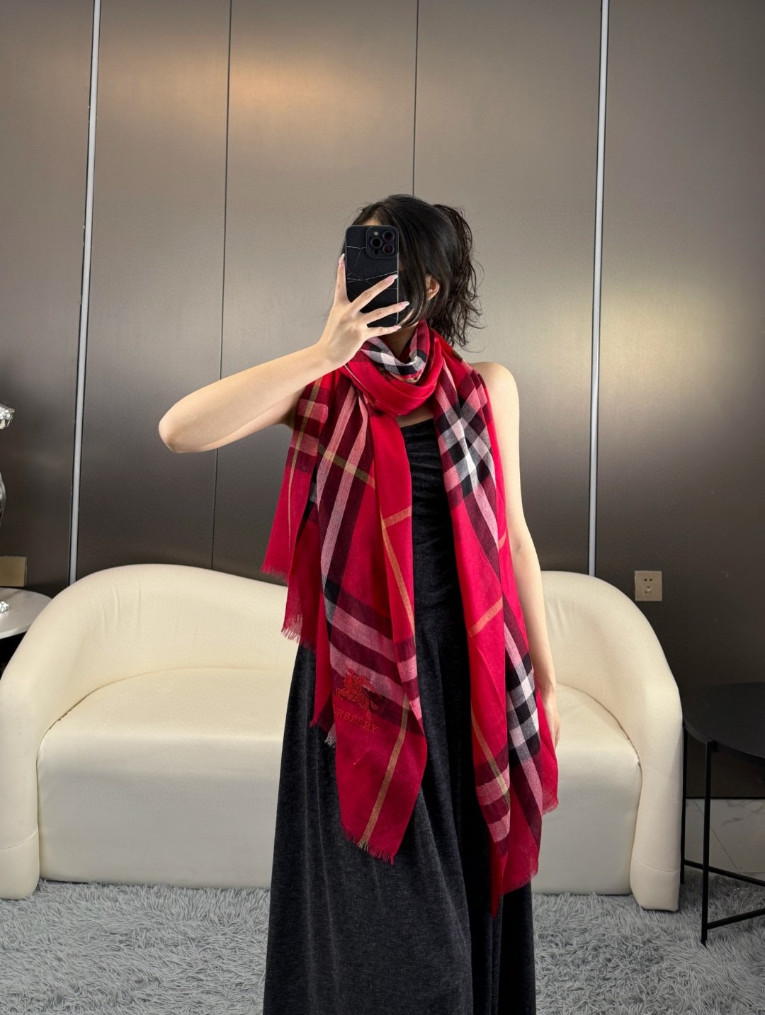 Classic Embroidered Logo Scarf Elegant Soft Shawl Timeless Luxury Wrap - Image 4