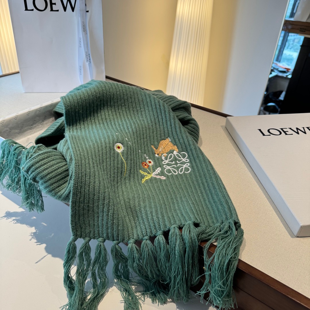 Loewe Inspired Sunafujita Style Cashmere Scarf Bunny Floral Embroidery Jacquard Tassel 30 x 200 cm - Image 3