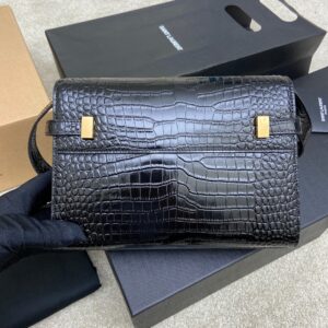 Black Croc Manhattan Baguette Bag Gold Hardware