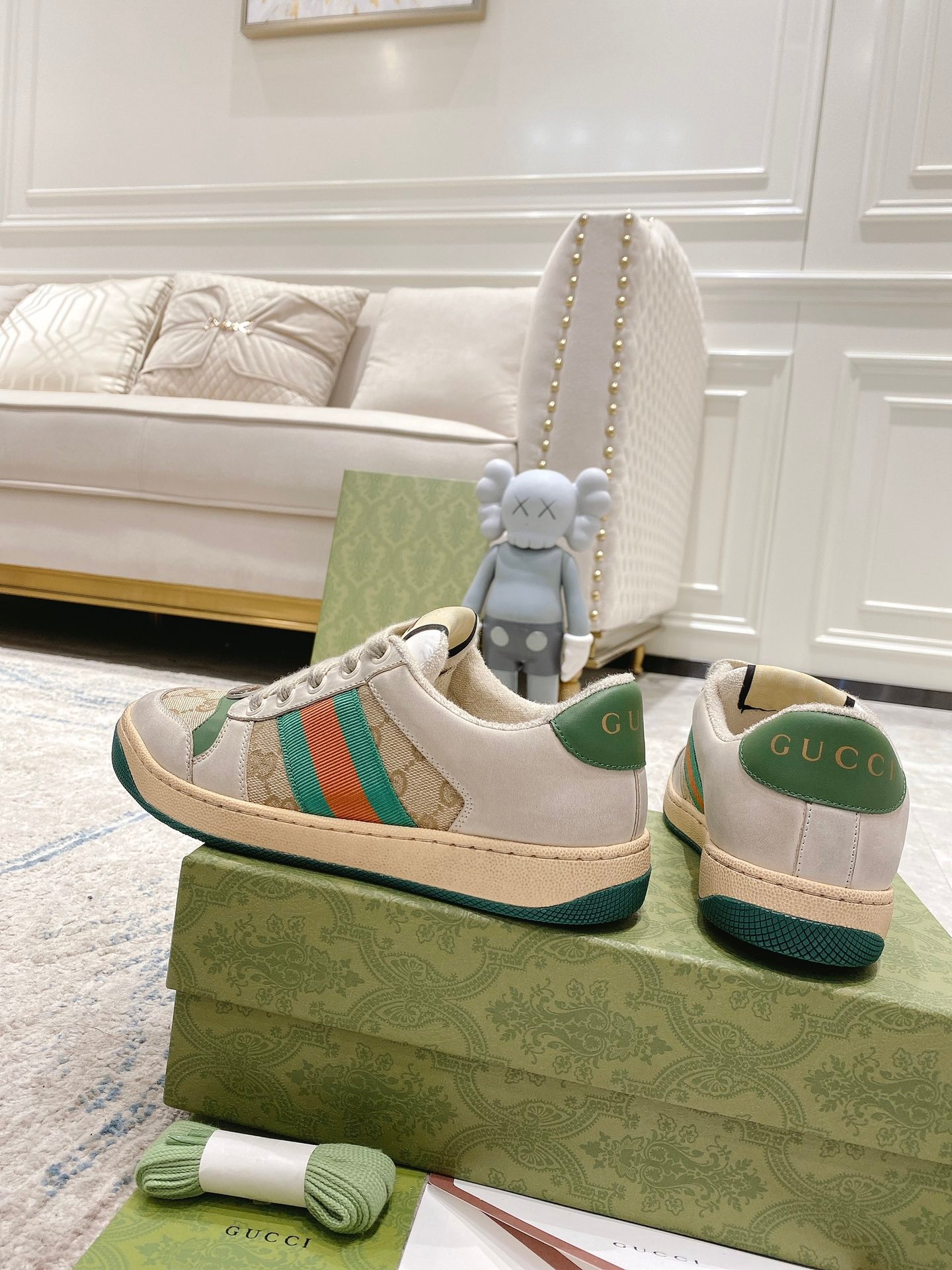 Gucci Inspired Distressed Sneakers Classic White Vintage Style Unisex Couple Shoes - Image 4
