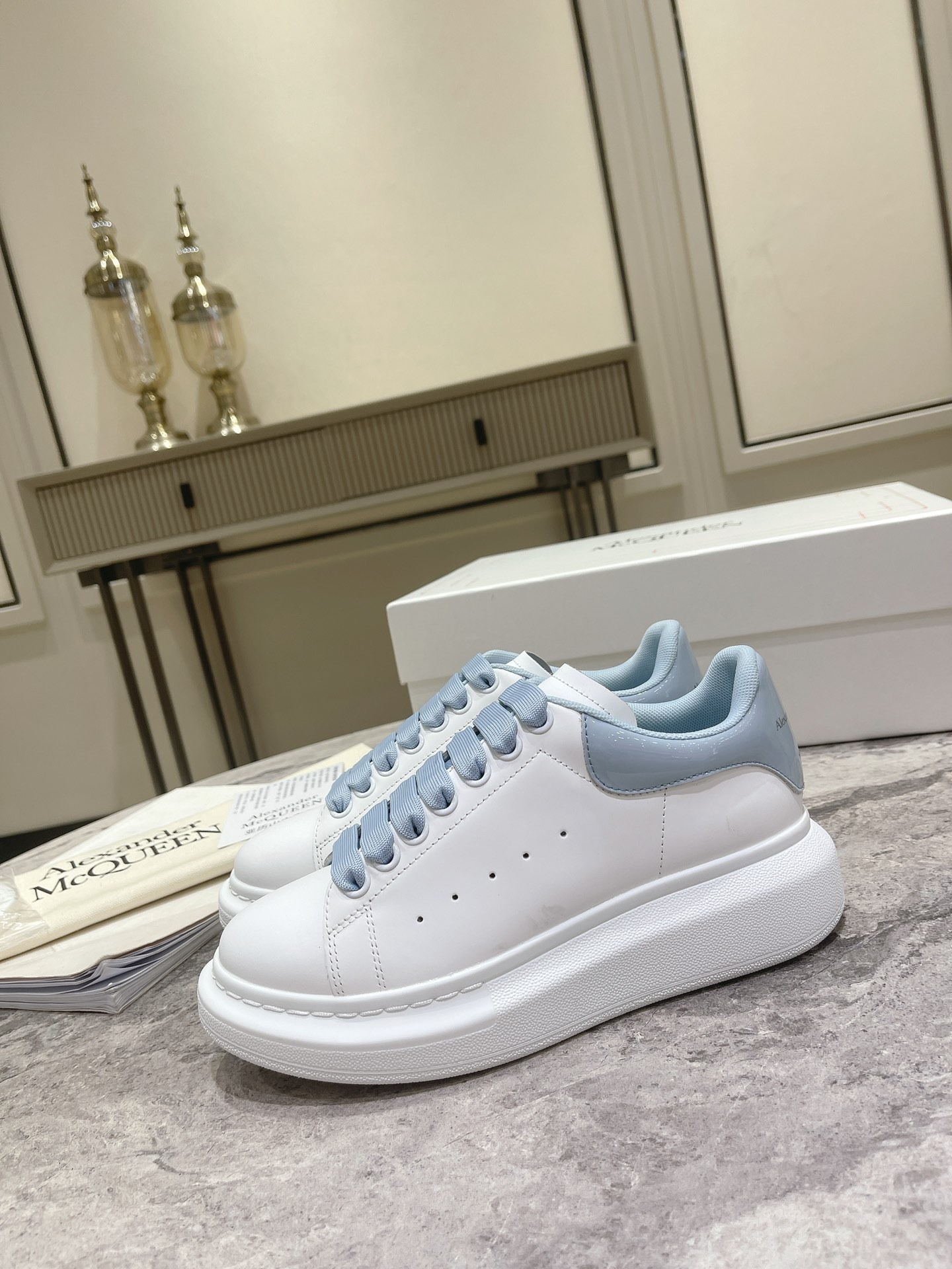 Alexander McQueen Couple Platform Sneakers Premium Leather White Thick Sole Trainers - Image 4
