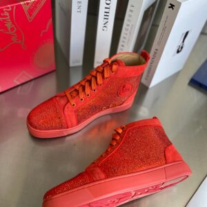 Christian Louboutin High Top Orange Rhinestone Sheepskin Sneakers Premium Custom Edition