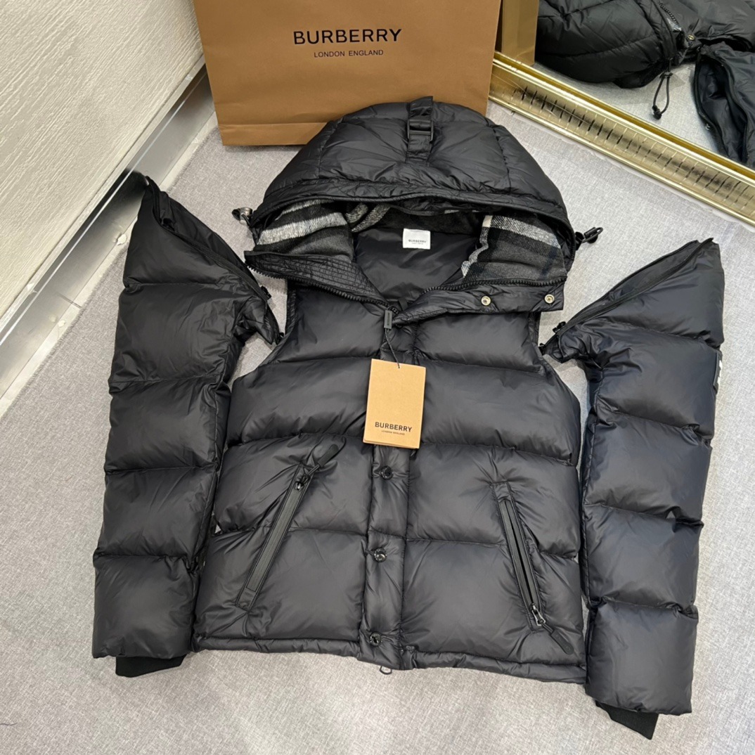 Burberry Autumn Winter Detachable Sleeve Hooded Down Jacket Vintage Plaid Lining - Image 3