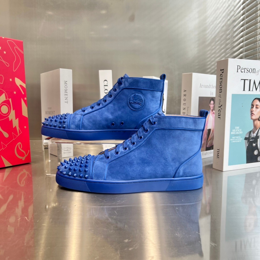 Christian Louboutin High Top Blue Sheepskin Front Detail Sneakers Premium Custom Edition