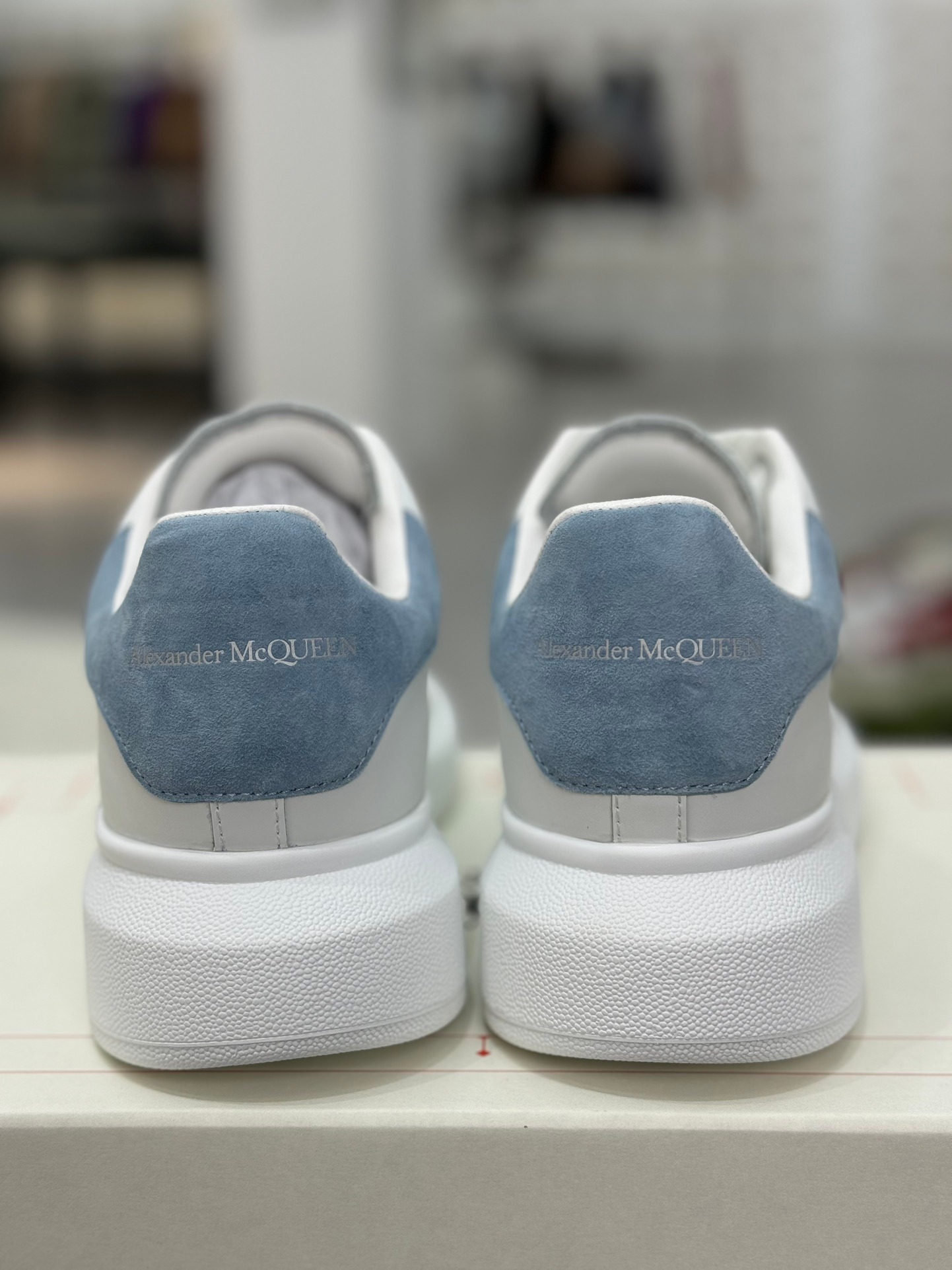 Alexander McQueen White Sneakers Light Blue Suede Heel Premium Platform Low Top Trainers - Image 4