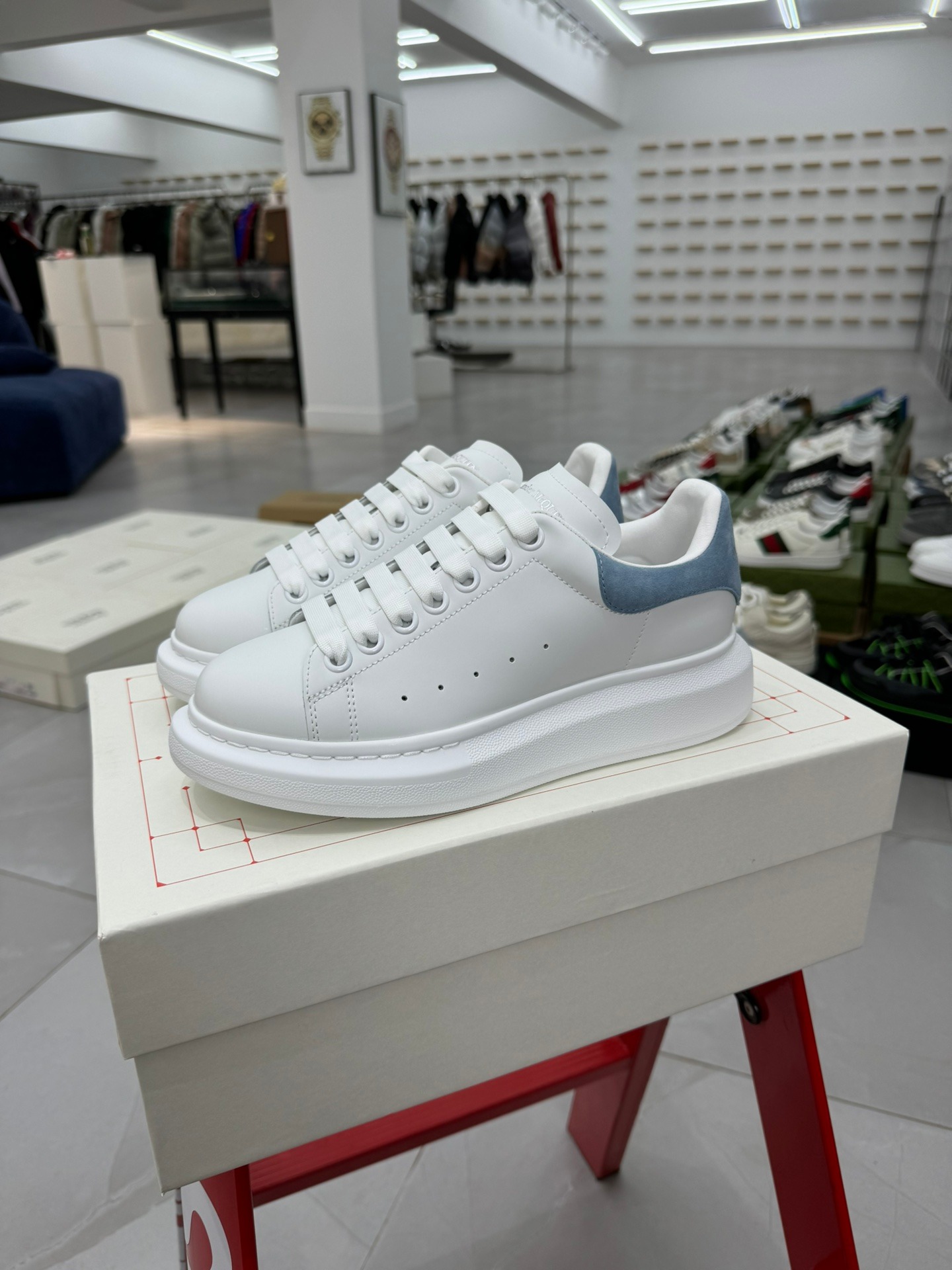 Alexander McQueen White Sneakers Light Blue Suede Heel Premium Platform Low Top Trainers - Image 2