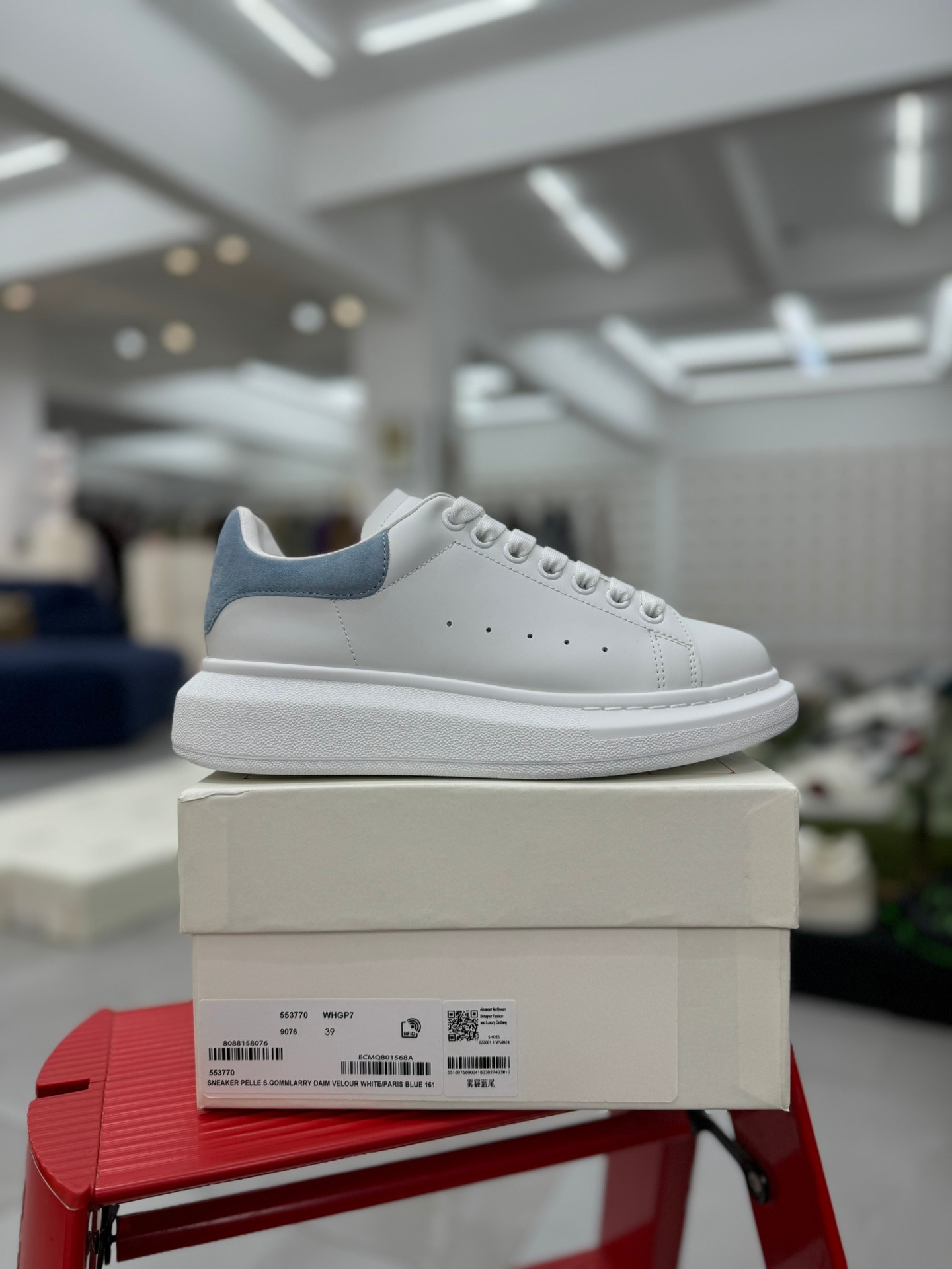 Alexander McQueen White Sneakers Light Blue Suede Heel Premium Platform Low Top Trainers