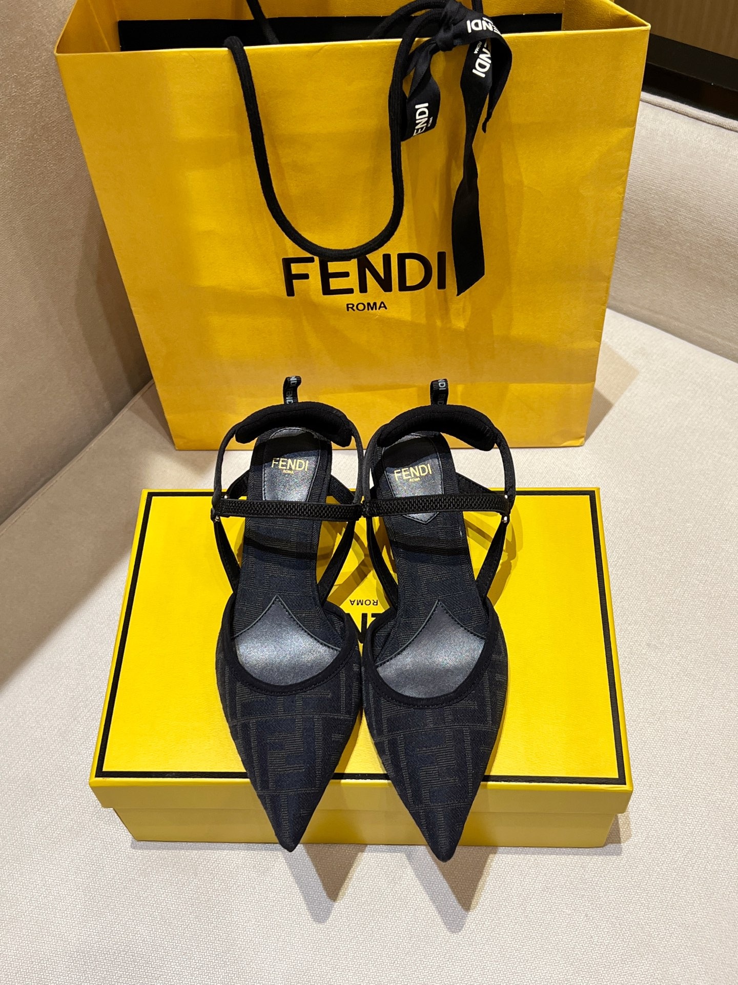 Fendi Colibri Lite Open Heel Shoes Dark Blue Exclusive Top Quality Designer Style
