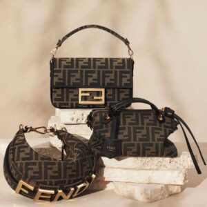 FF Pattern Designer Handbag Set Brown Canvas Leather Trim