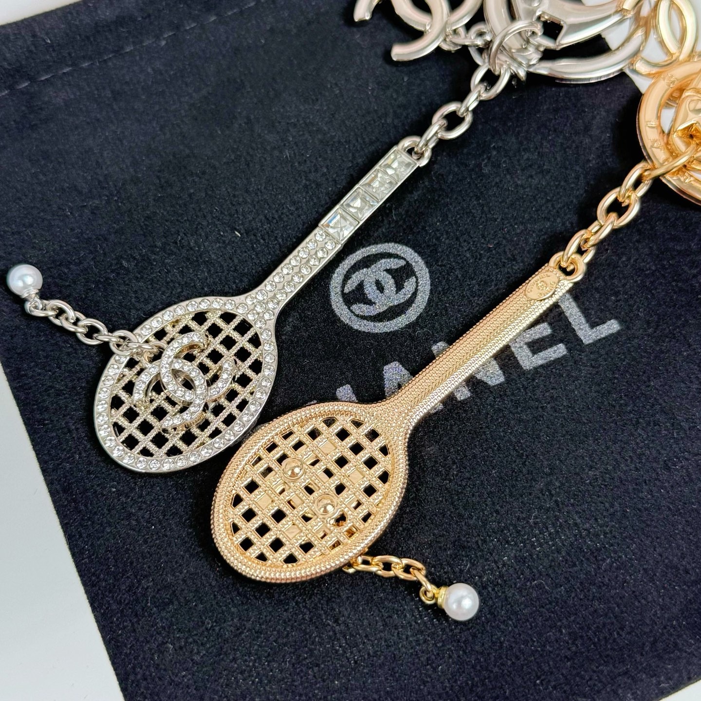 Chanel Tennis Racket Keychain Full Diamond Pearl Luxury Charm - Image 5