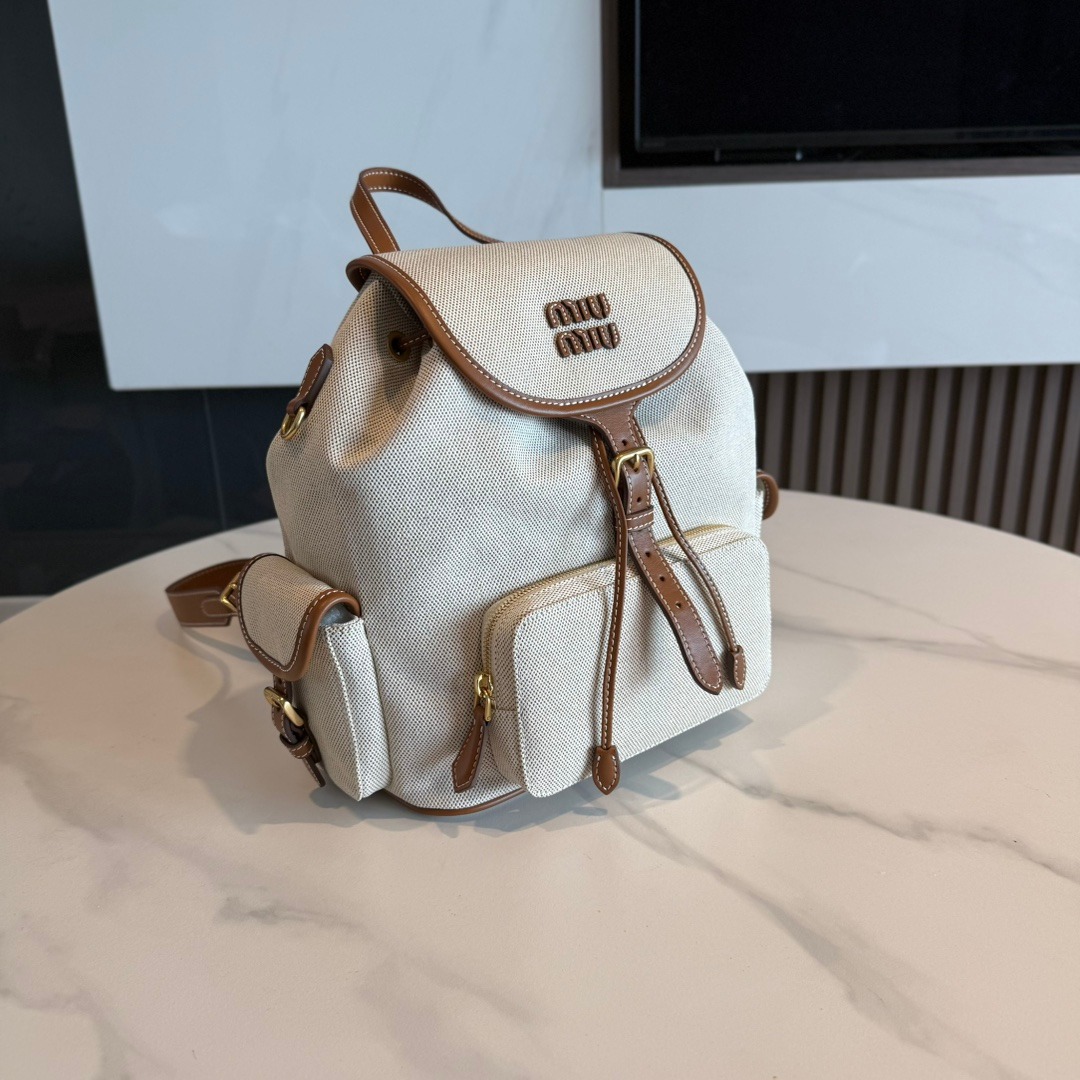 Miu Style 25SS Patchwork Leather Backpack Canvas Cowhide Contrast Design - Image 3