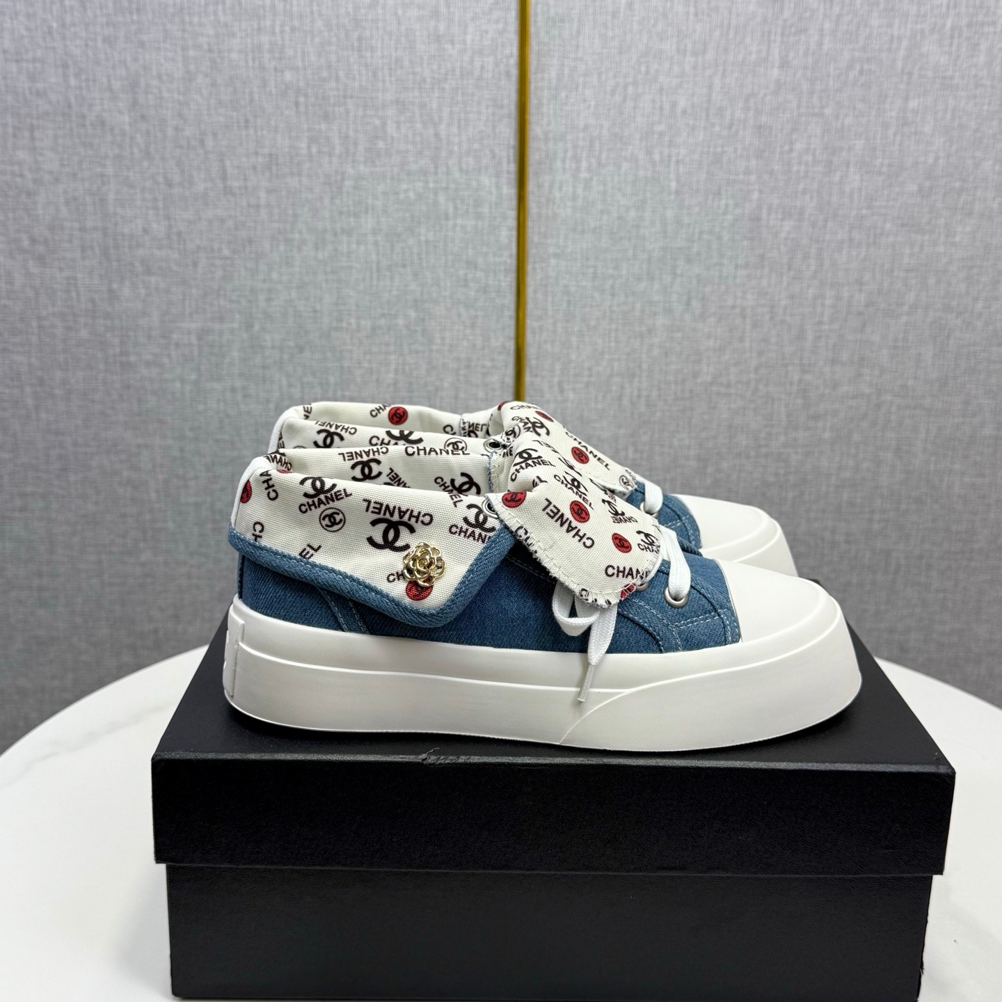 Chanel High Top Denim Canvas Sneakers Platform Casual Retro Trainers