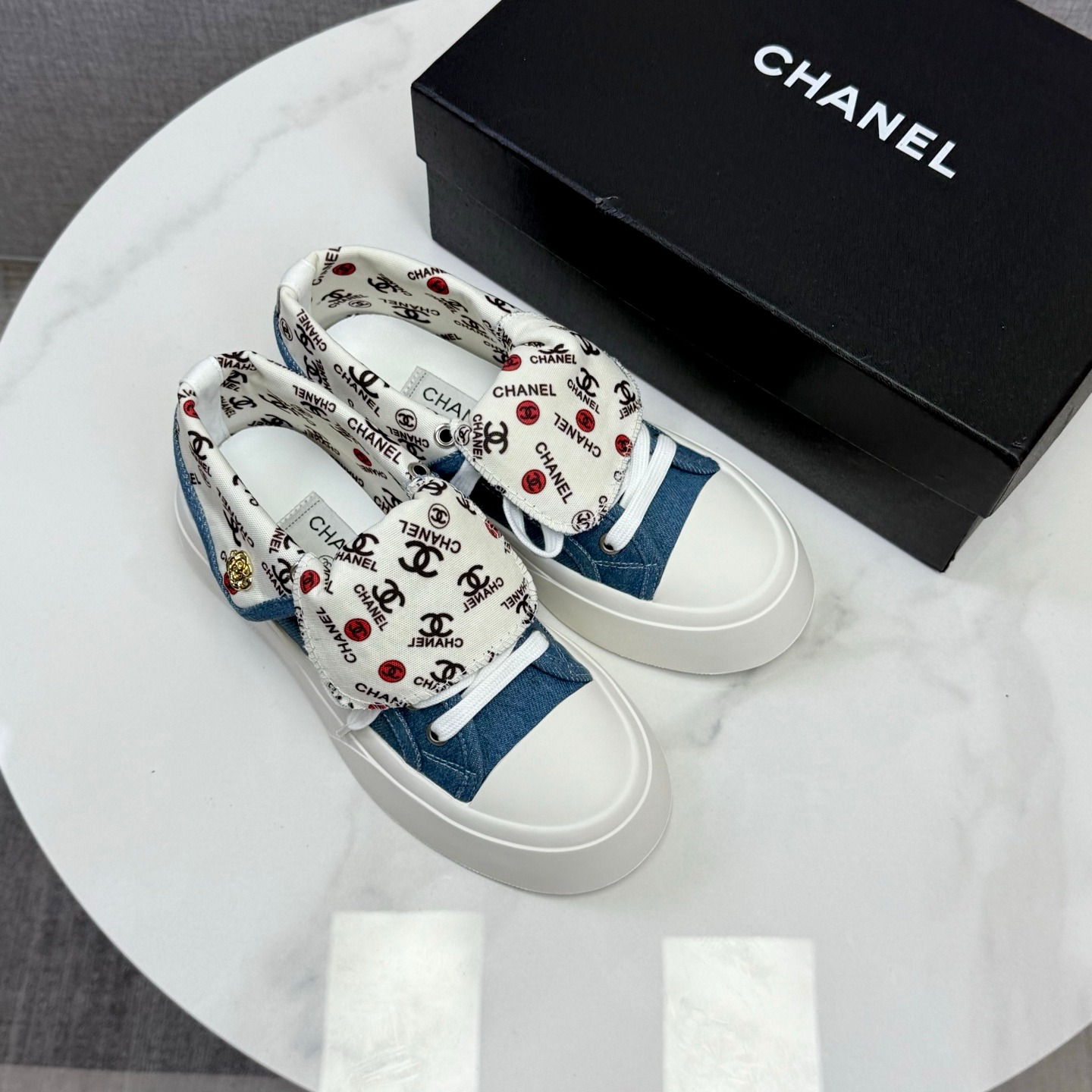 Chanel High Top Denim Canvas Sneakers Platform Casual Retro Trainers - Image 3