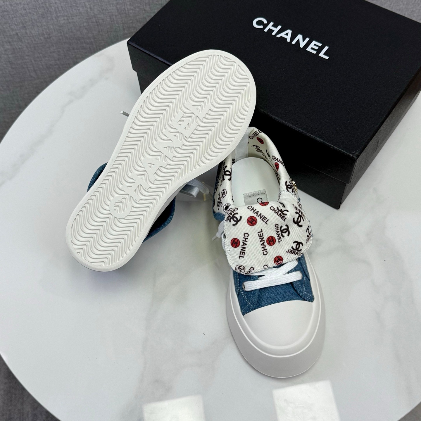 Chanel High Top Denim Canvas Sneakers Platform Casual Retro Trainers - Image 4
