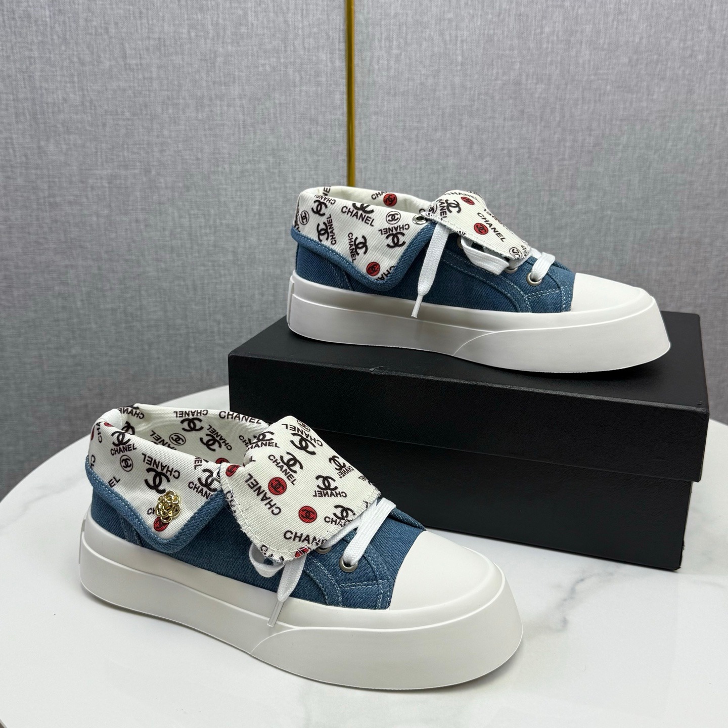 Chanel High Top Denim Canvas Sneakers Platform Casual Retro Trainers - Image 5