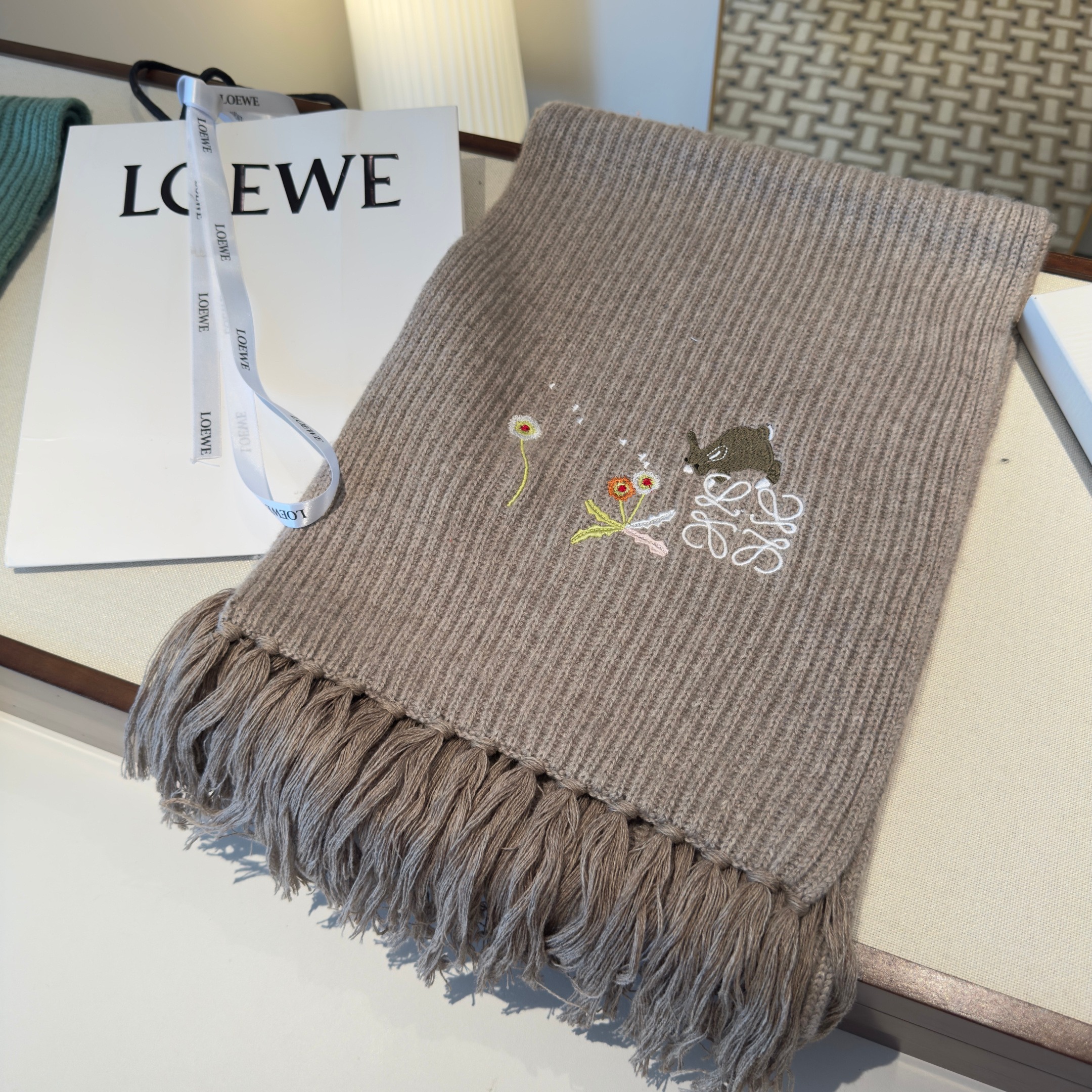Loewe Inspired Sunafujita Style Cashmere Scarf Bunny Floral Embroidery Jacquard Tassel 30 x 200 cm - Image 5