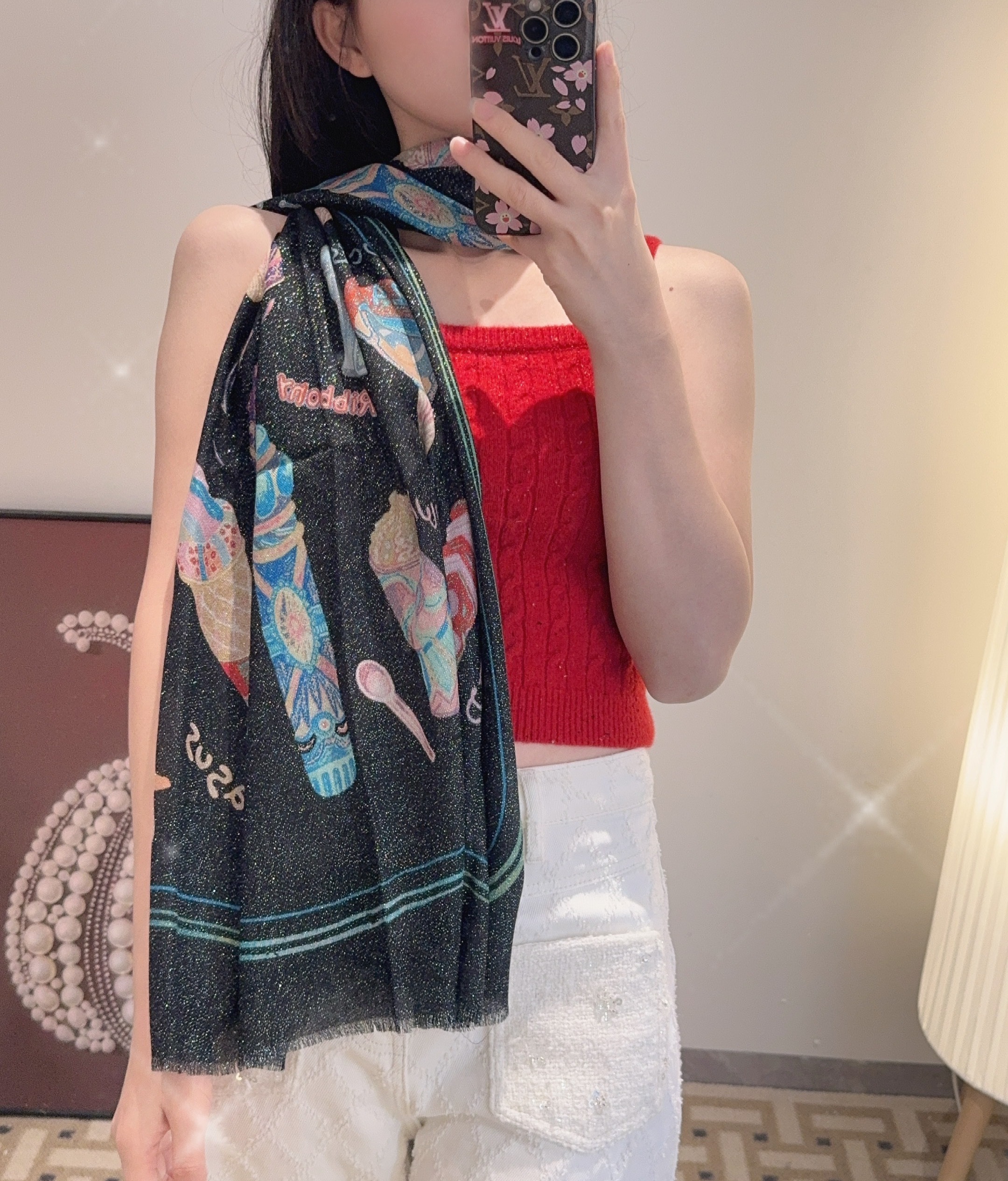 Louis Vuitton Inspired Monogram Cashmere Scarf Silver Thread Shimmer Luxury 110 x 200 cm