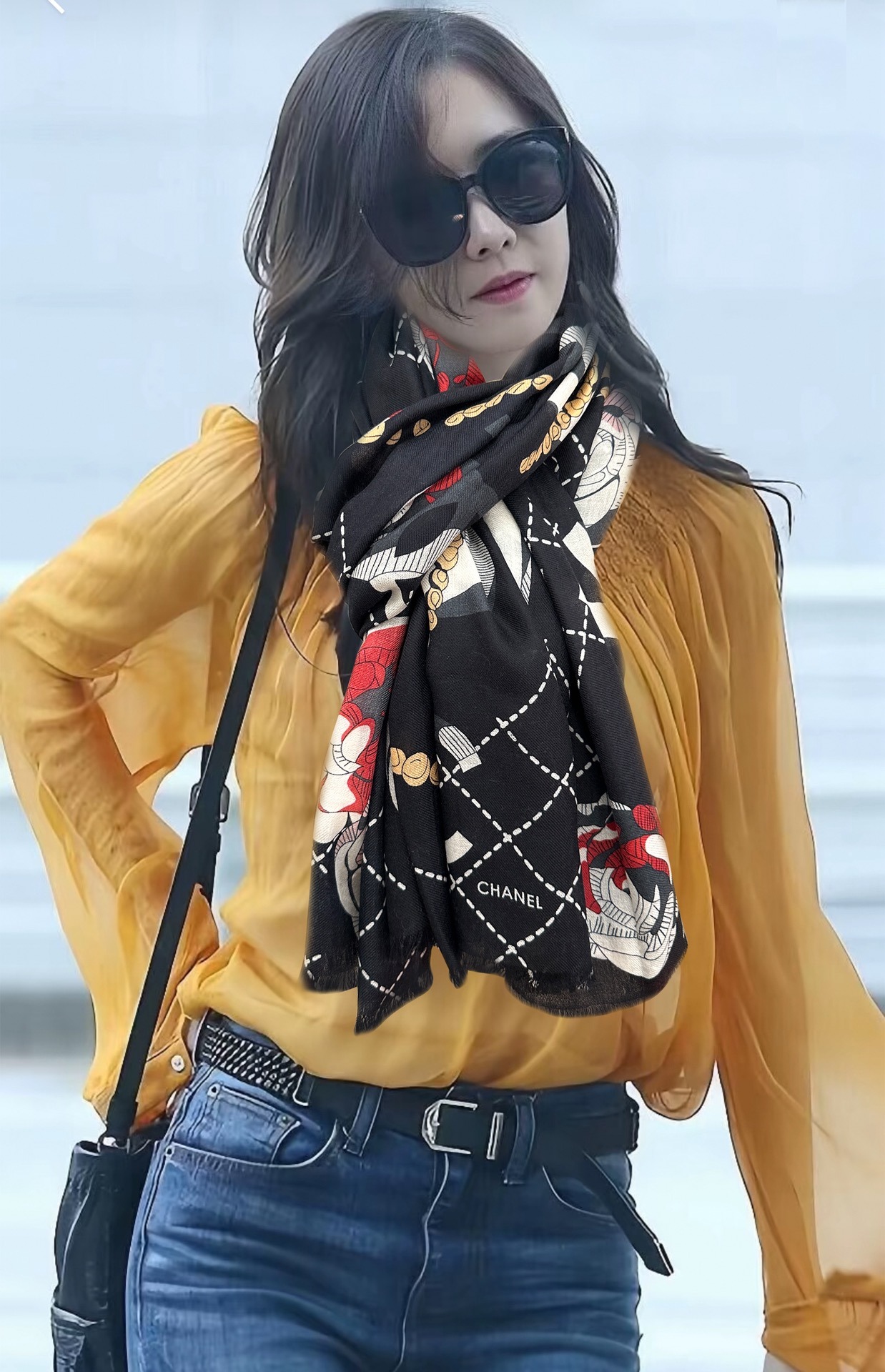 Luxury Floral Double C Cashmere Shawl Elegant Soft Long Scarf 100x200cm